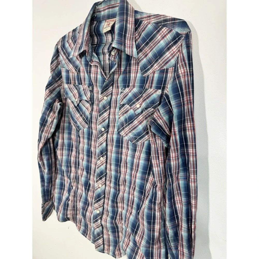 True Religion Long Sleeve Blue Plaid Pearl Snap Up Pocket Shirt Men's L Western